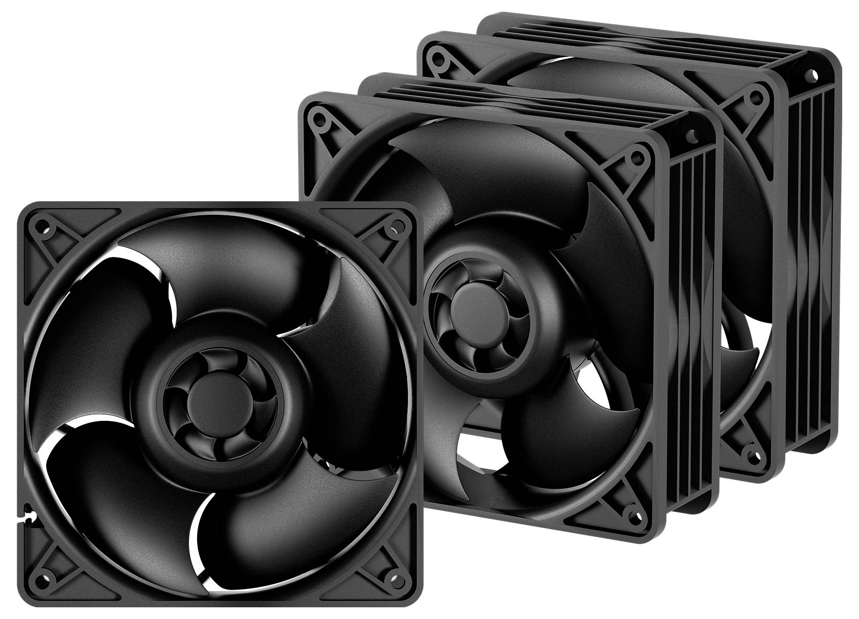 Trzy czarne wentylatory komputerowe, ułożone jeden nad drugim, prezentują aerodynamiczne łopatki. Są używane do funkcji chłodzących w komputerach.