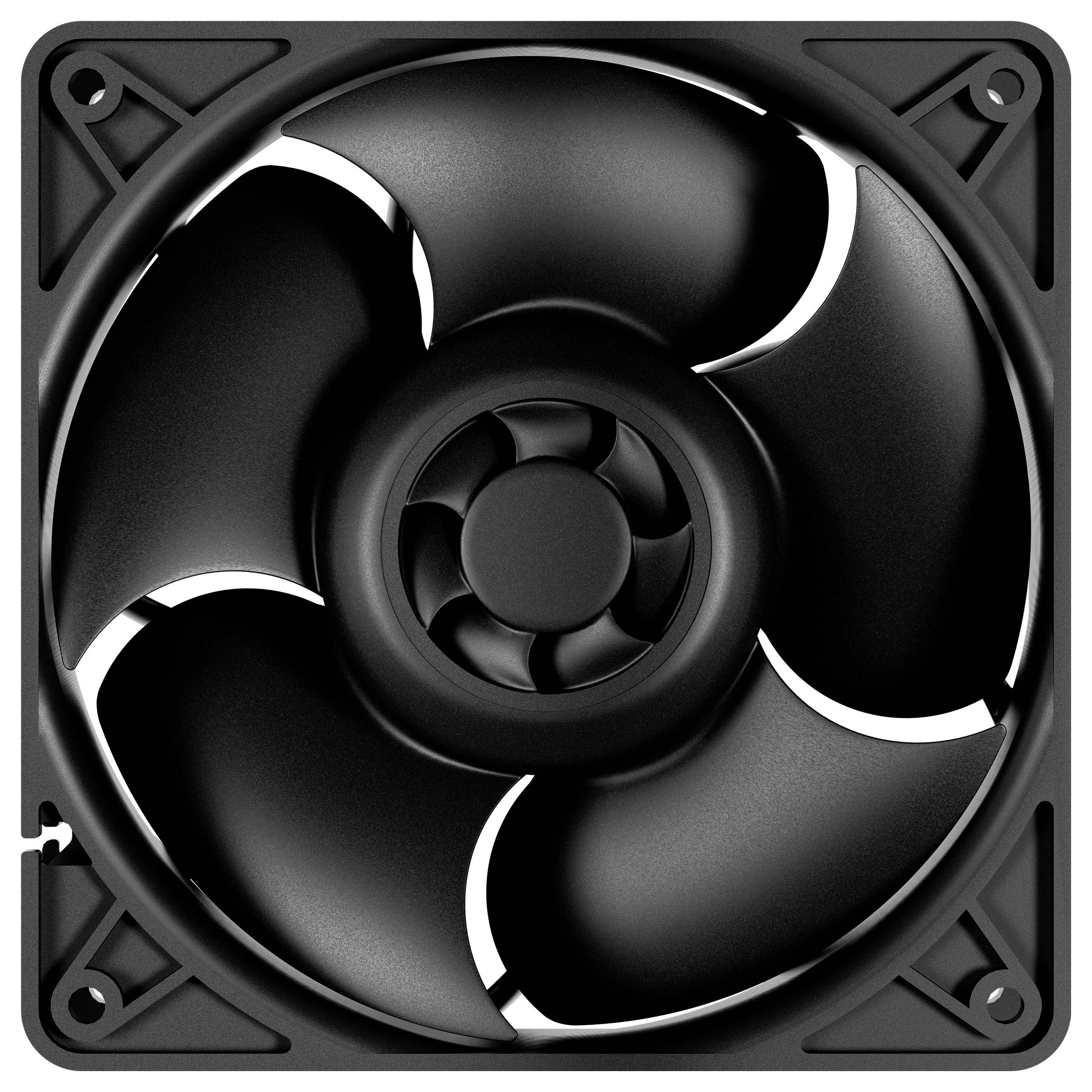Czarny wentylator komputerowy z pięcioma wygiętymi, błyszczącymi łopatkami zamontowany w kwadratowej ramce.