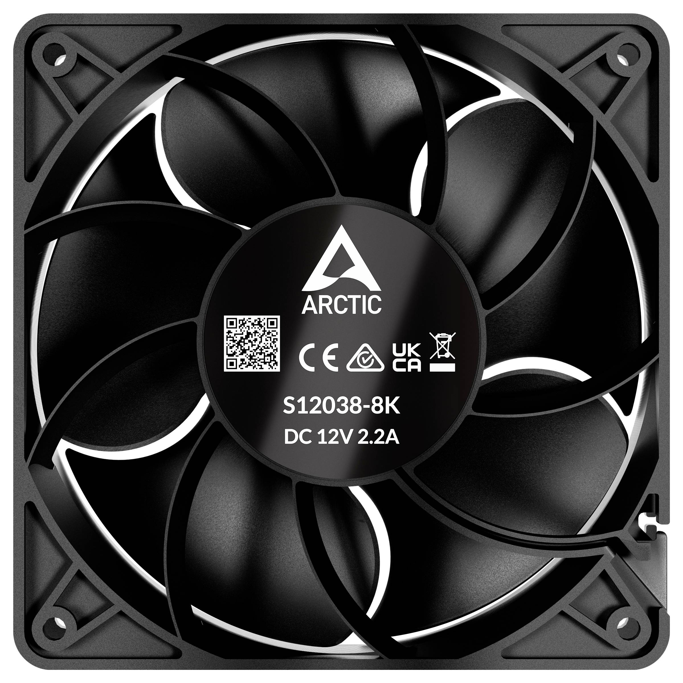 'Wentylator ARCTIC S12038-8K z certyfikatami CE i UKCA, 12V, 2,2A, w czarnym designie.'