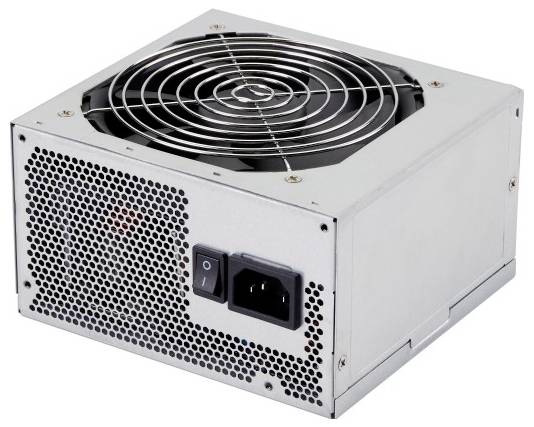 Srebrny zasilacz komputerowy z wentylatorem i włącznikiem sieciowym.