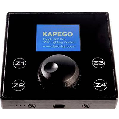 Czarny panel sterujący z dużym centralnym przyciskiem. Opisany jako 'KAPEGO Touch 16C Pro DMX Lighting Control'. Przyciski Z1 do Z4 otaczają centralny przycisk.