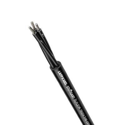 Czarno-szary kabel firmy Lappkabel ze Stuttgartu. Trzy żyły z widocznymi numerowanymi końcówkami. Tekst 'ÖLFLEX' na boku.