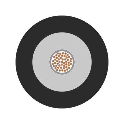 Przekrój kabla koncentrycznego: czarna powłoka zewnętrzna, pod nią szara izolacja, w środku pęk miedzianego przewodu.
