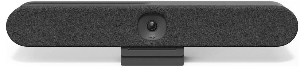 Czarna soundbar z obiciem z tkaniny i zintegrowanym obiektywem kamery pośrodku, stoi na płaskim stojaku.