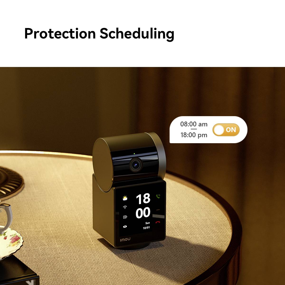 Budzik na stole wskazuje godzinę '18:00'. Na górze widnieje napis 'Protection Scheduling'. Po prawej stronie znajduje się '8:00 am 18:00 pm' z przełącznikiem ustawionym na 'On'.