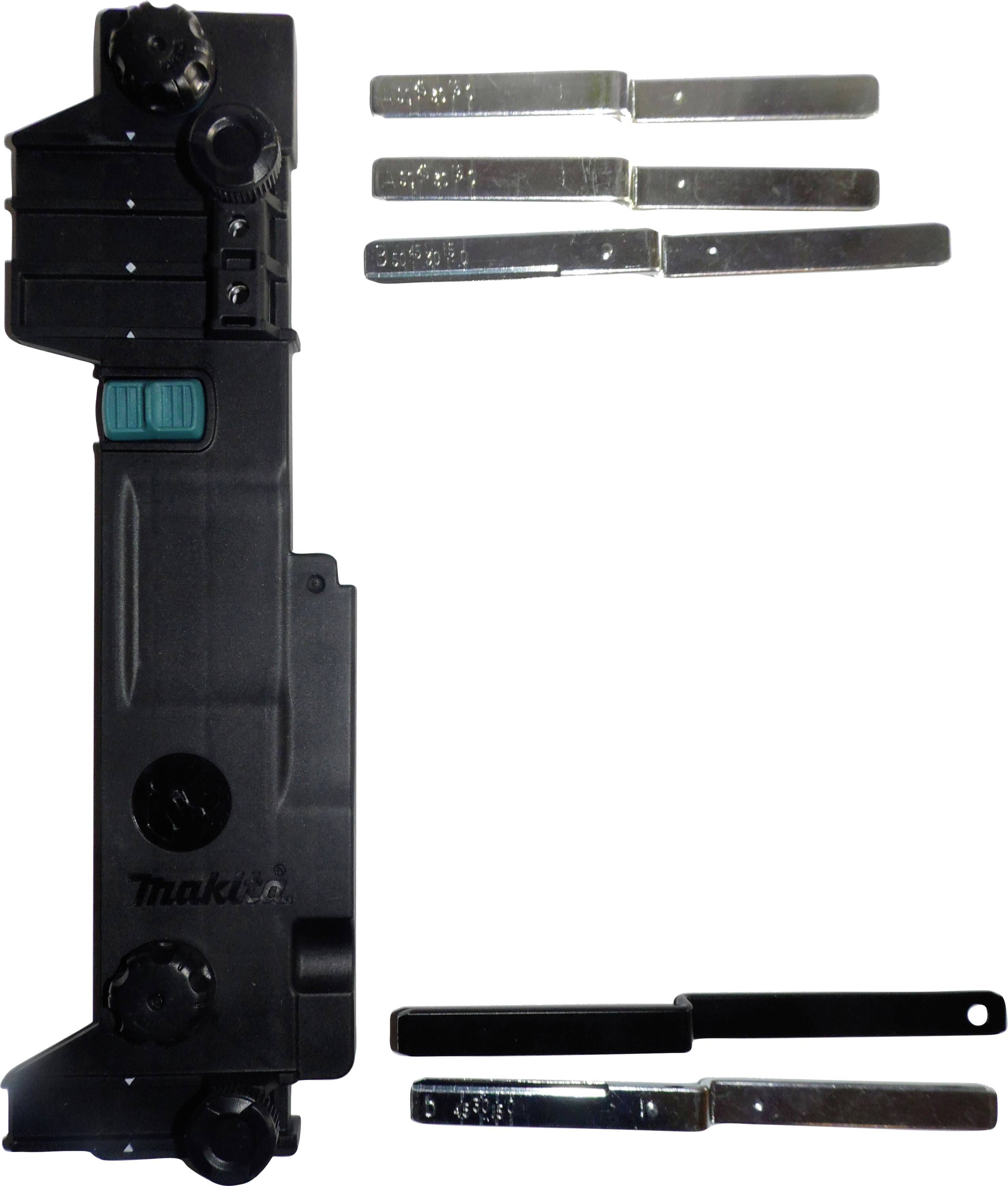 Czarna mechaniczna część z zielonymi przyciskami, obok niej pięć srebrnych metalowych narzędzi z wygrawerowanymi numerami.