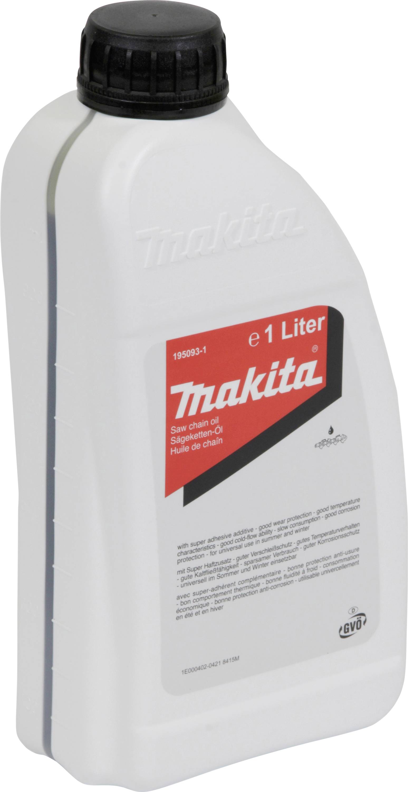 Butelka oleju łańcuchowego marki Makita, 1 litr, z czerwoną etykietą, główny składnik do smarowania łańcuchów pilarek.