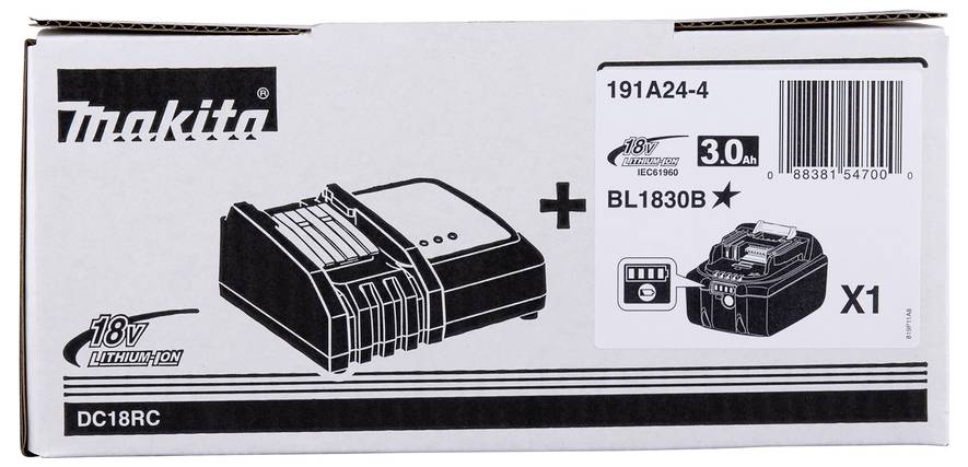 Opakowanie akumulatora litowo-jonowego Makita 18V oraz ładowarki, oznaczone etykietami 'DC18RC' i 'BL1830B', z kodem kreskowym i ilustracjami produktu.