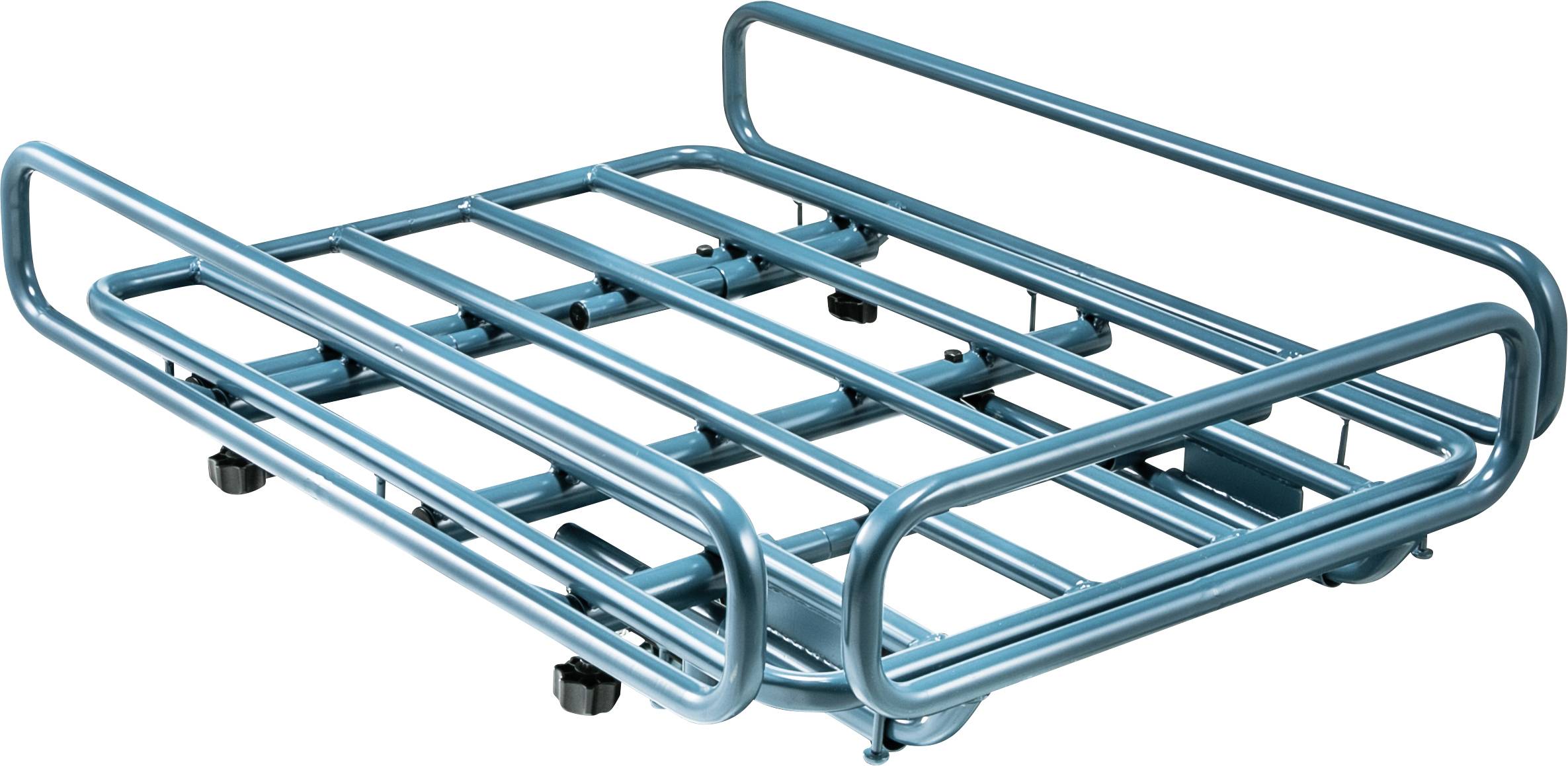 Niebieski metalowy bagażnik rowerowy z kratownicą i podwyższoną krawędzią, zapewniający bezpieczny transport przedmiotów.