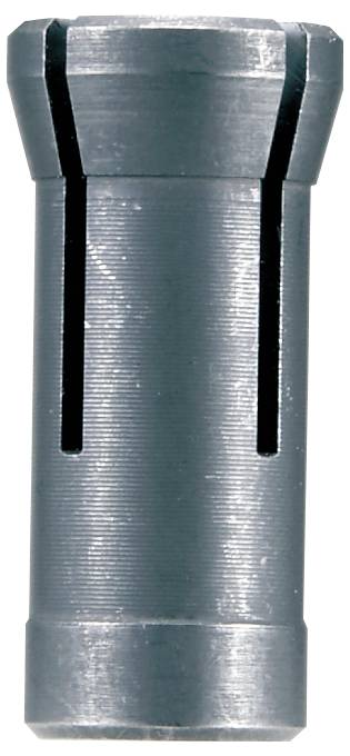 Metalowy element o kształcie cylindrycznym, delikatnie żłobkowany, z dwoma głębokimi nacięciami i skoszonym górnym końcem.