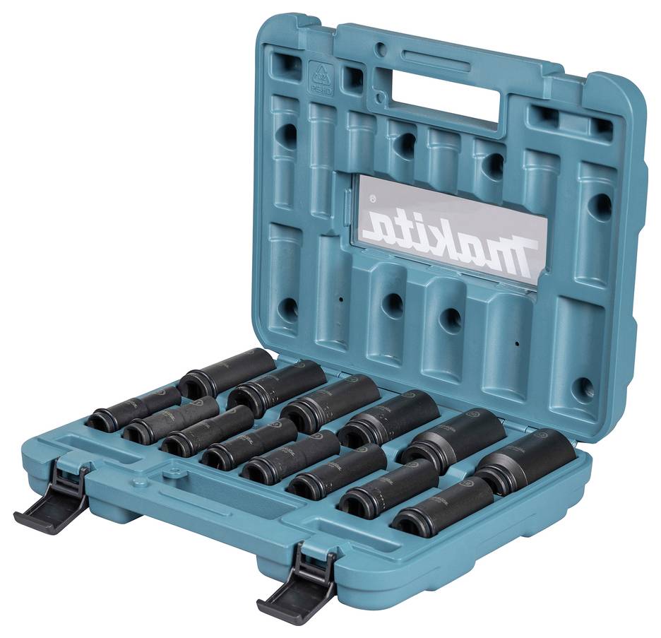 Otwarta turkusowa walizka narzędziowa prezentująca zestaw dziewięciu czarnych kluczy nasadowych ułożonych starannie w pojedynczych przegródkach.