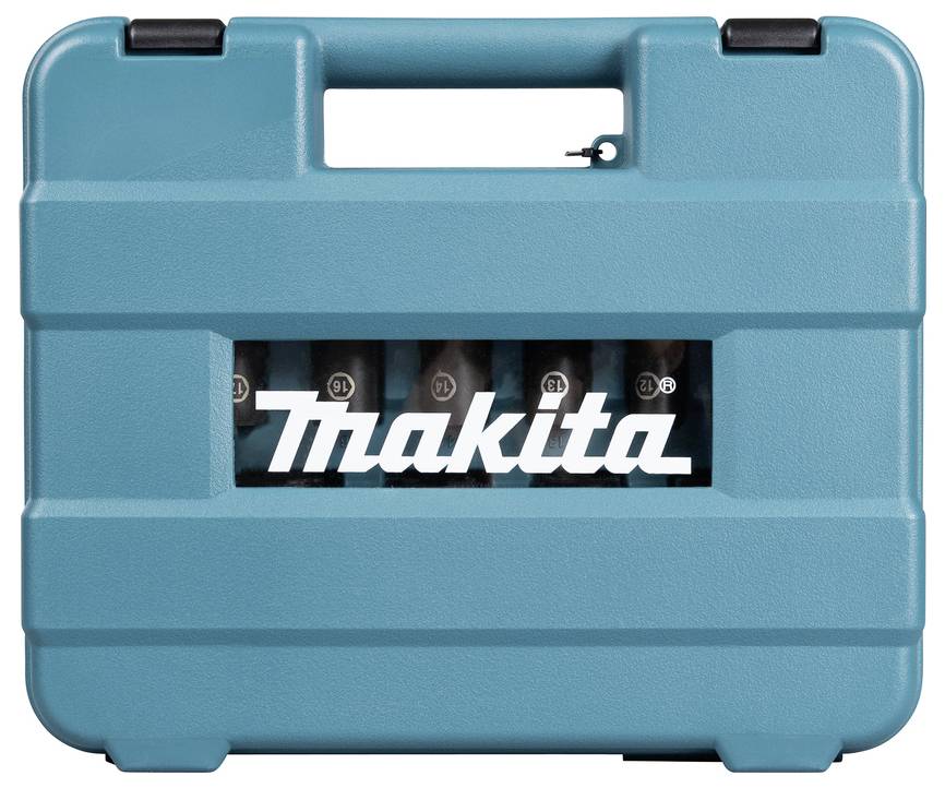 Niebieska walizka transportowa Makita z uchwytem, z wyraźnie wyeksponowanym logo marki na przedniej części.