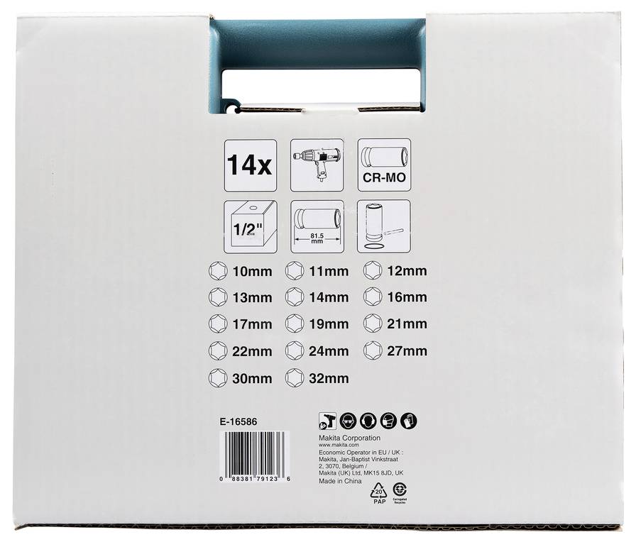 Zestaw kluczy nasadowych w pudełku, składający się z 14 elementów, o rozmiarach od 10 mm do 32 mm, wykonanych ze stali CR-MO, do napędu 1/2 cala, firmy Makita Corporation.