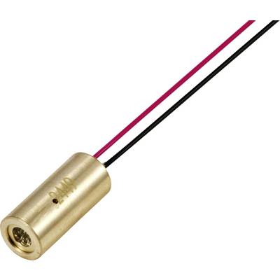 Mały złoty cylinder modułu laserowego z dwoma wystawającymi przewodami w kolorze czerwonym i czarnym.