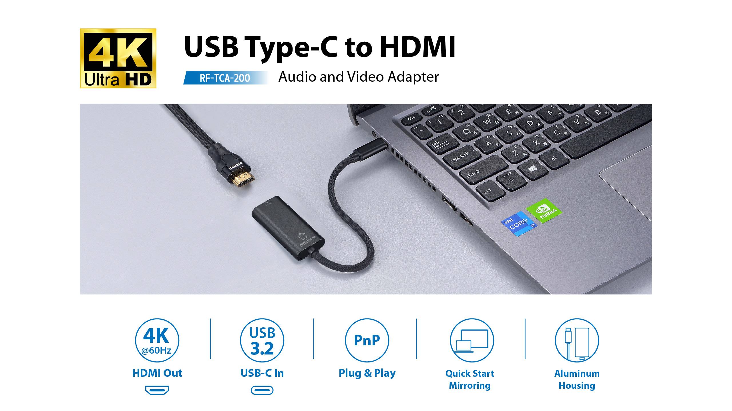 Adapter 'USB Type-C na HDMI' podłączony do laptopa, oznaczony etykietą 'RF-TC4-200'. Wyróżnione funkcje: rozdzielczość 4K, USB 3.2, funkcja Plug & Play.