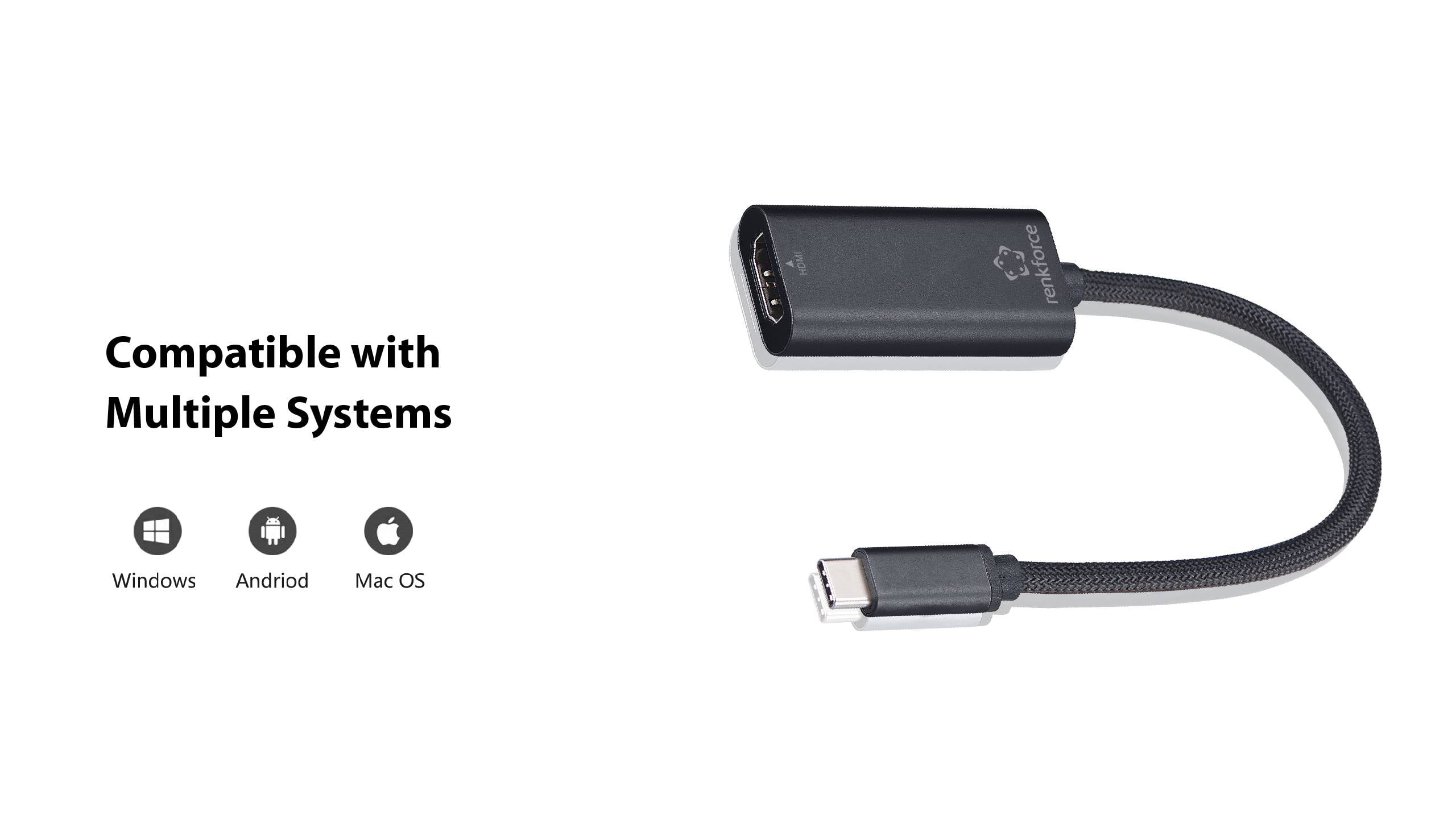 Adapter USB-C na HDMI. Tekst: 'Kompatybilny z wieloma systemami.' Ikony systemów Windows, Android i Mac OS.