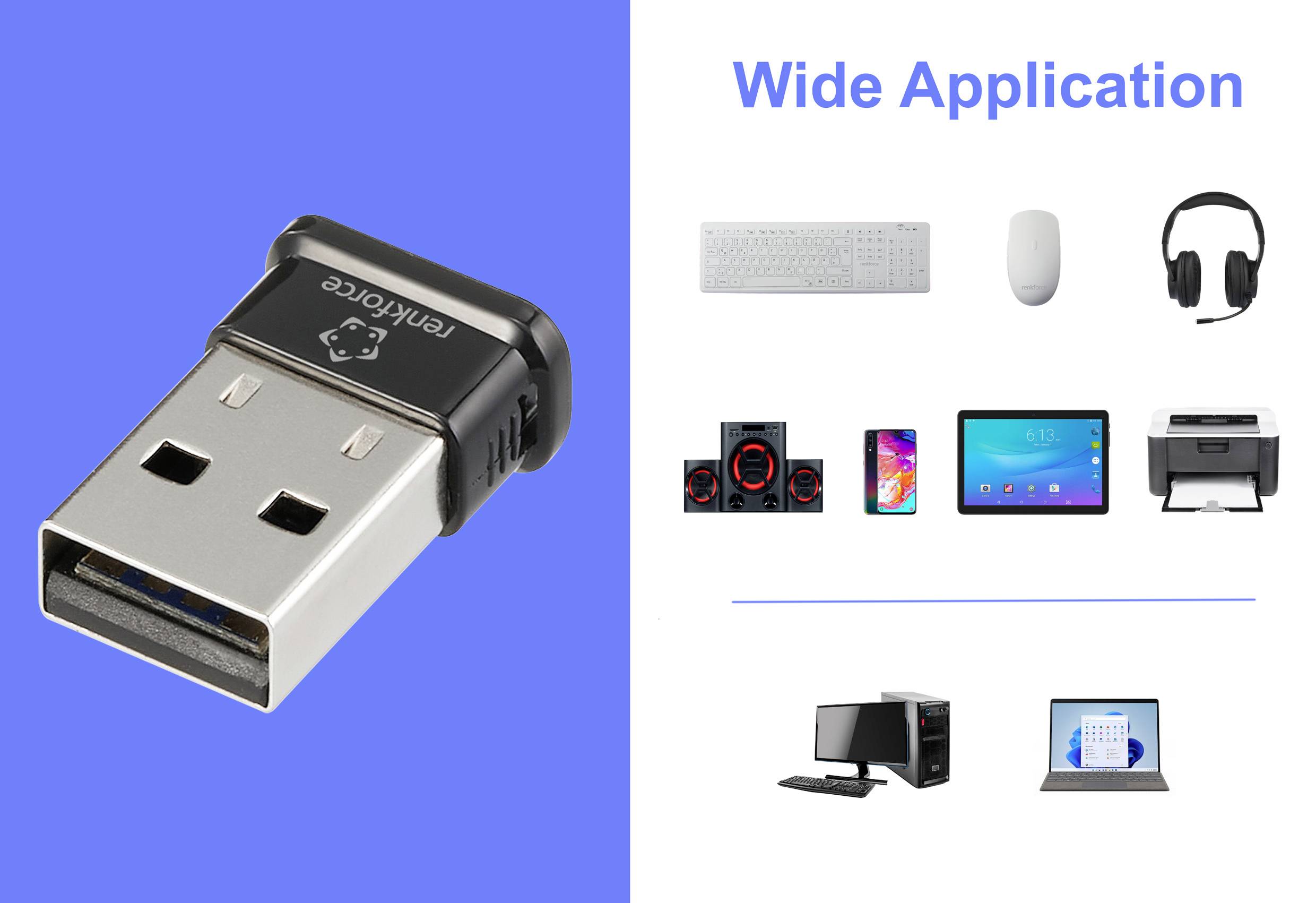Dongle USB z napisem 'Szerokie zastosowanie'. Jest kompatybilny z klawiaturami, myszami, zestawami słuchawkowymi, głośnikami, tabletami, drukarkami i komputerami.