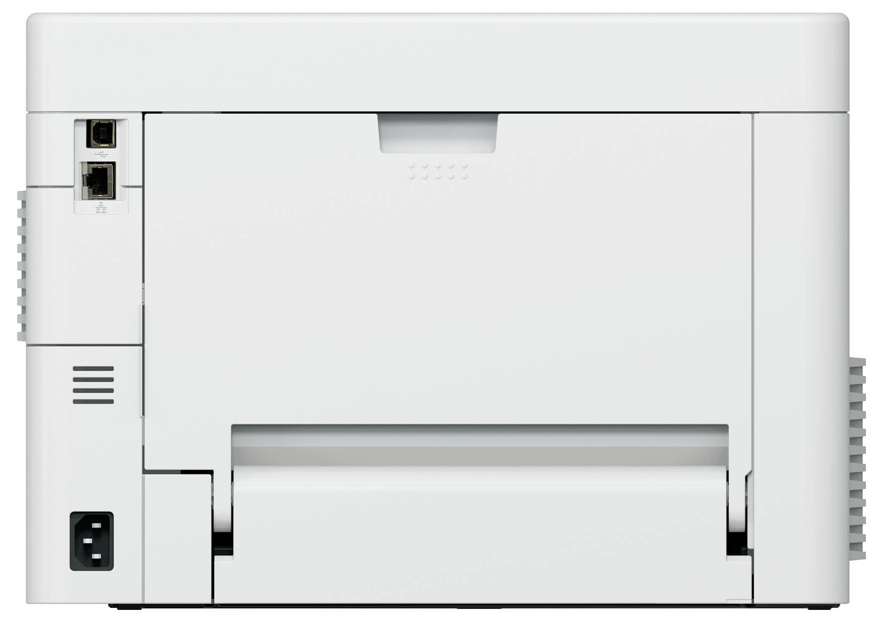 Biały drukarka widziana od tyłu, ukazująca złącza zasilania i kabla sieciowego.