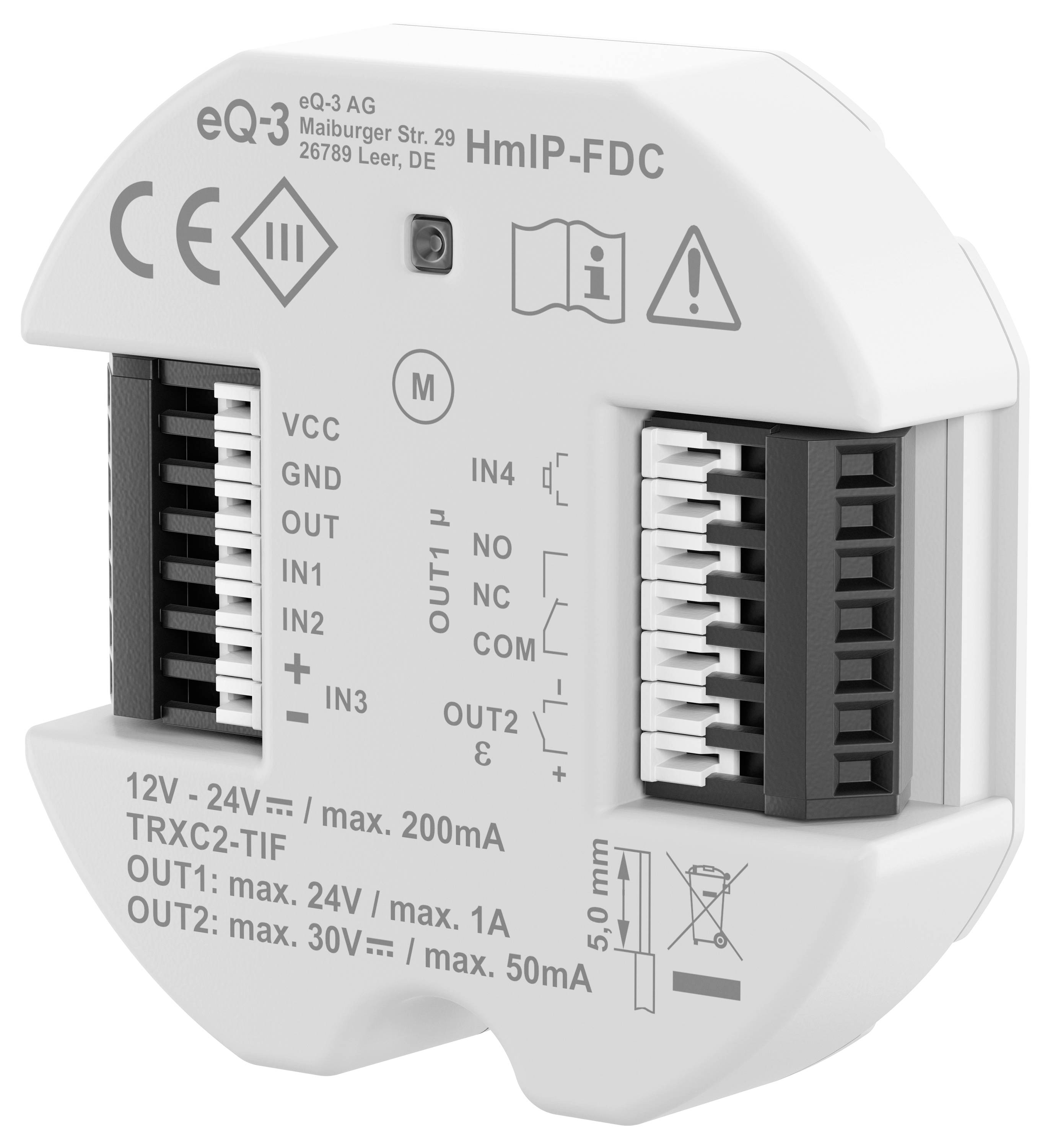 Biały, okrągły przyrząd elektroniczny z wieloma złączami i oznaczeniami. Prezentuje specyfikacje techniczne i diagramy.