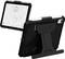 Tablet z wytrzymałą czarną obudową i podstawką, wyświetlacz prezentuje wzór w kształcie kropel wody. Z tyłu znajduje się składany stojak.