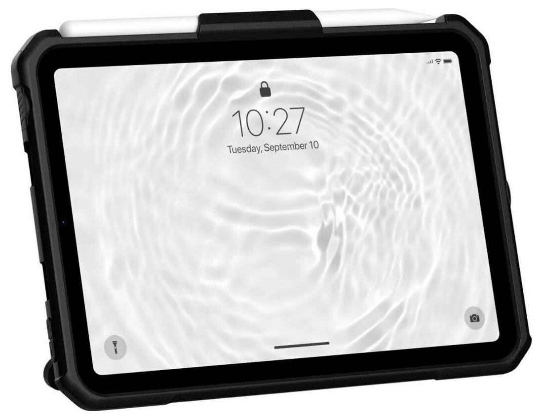 Tablet z ekranem przedstawiającym falisty wzór wody wyświetla godzinę 10:27 oraz datę wtorek, 10 września.