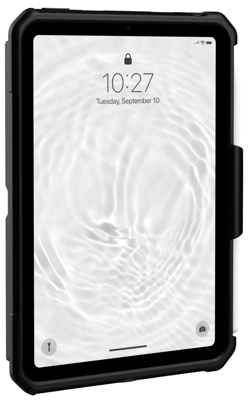 Obraz przedstawia czarny tablet o wytrzymałej obudowie, którego ekran wyświetla godzinę 10:27 oraz datę 'Wtorek, 10 września'.