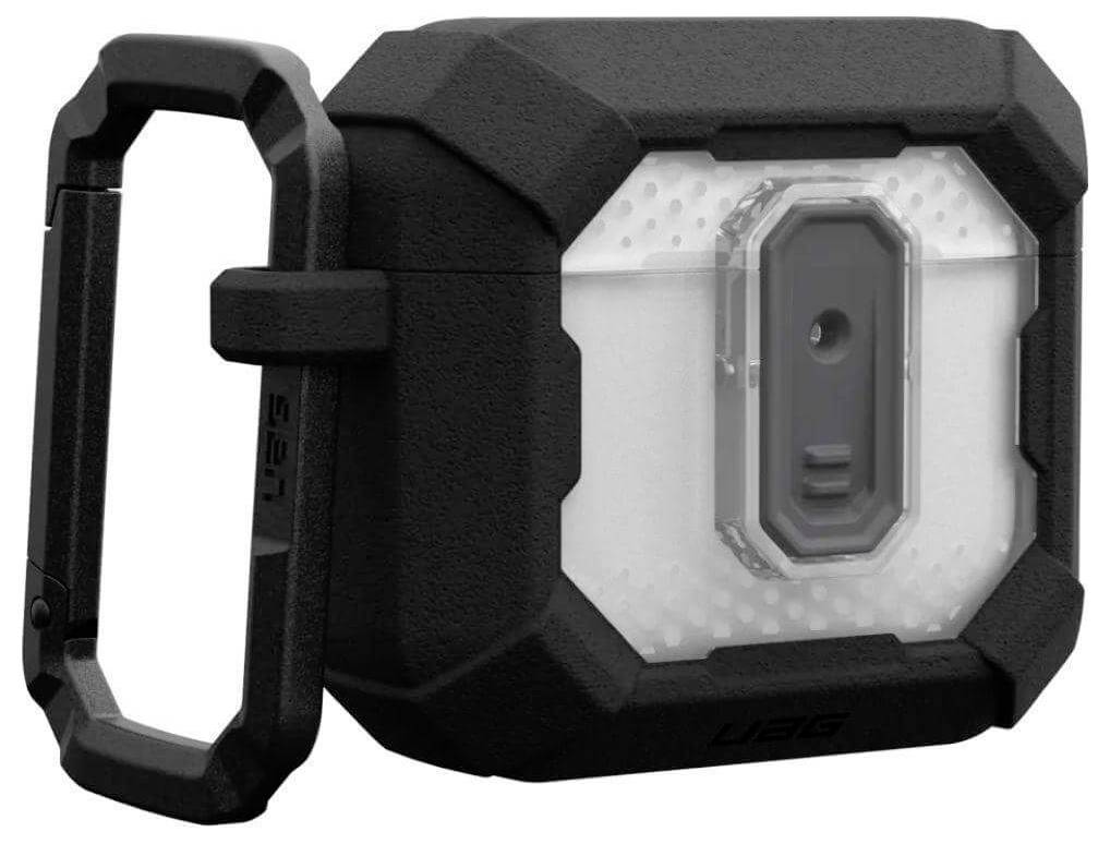 Czarne, wytrzymałe etui ochronne z karabińczykiem, dopasowane do AirPods.