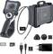 Zestaw kamery endoskopowej z wyświetlaczem, elastycznym przewodem 1 m, twardym futerałem, kablem USB-C, kartą SD, akumulatorem litowo-jonowym i różnymi adapterami.