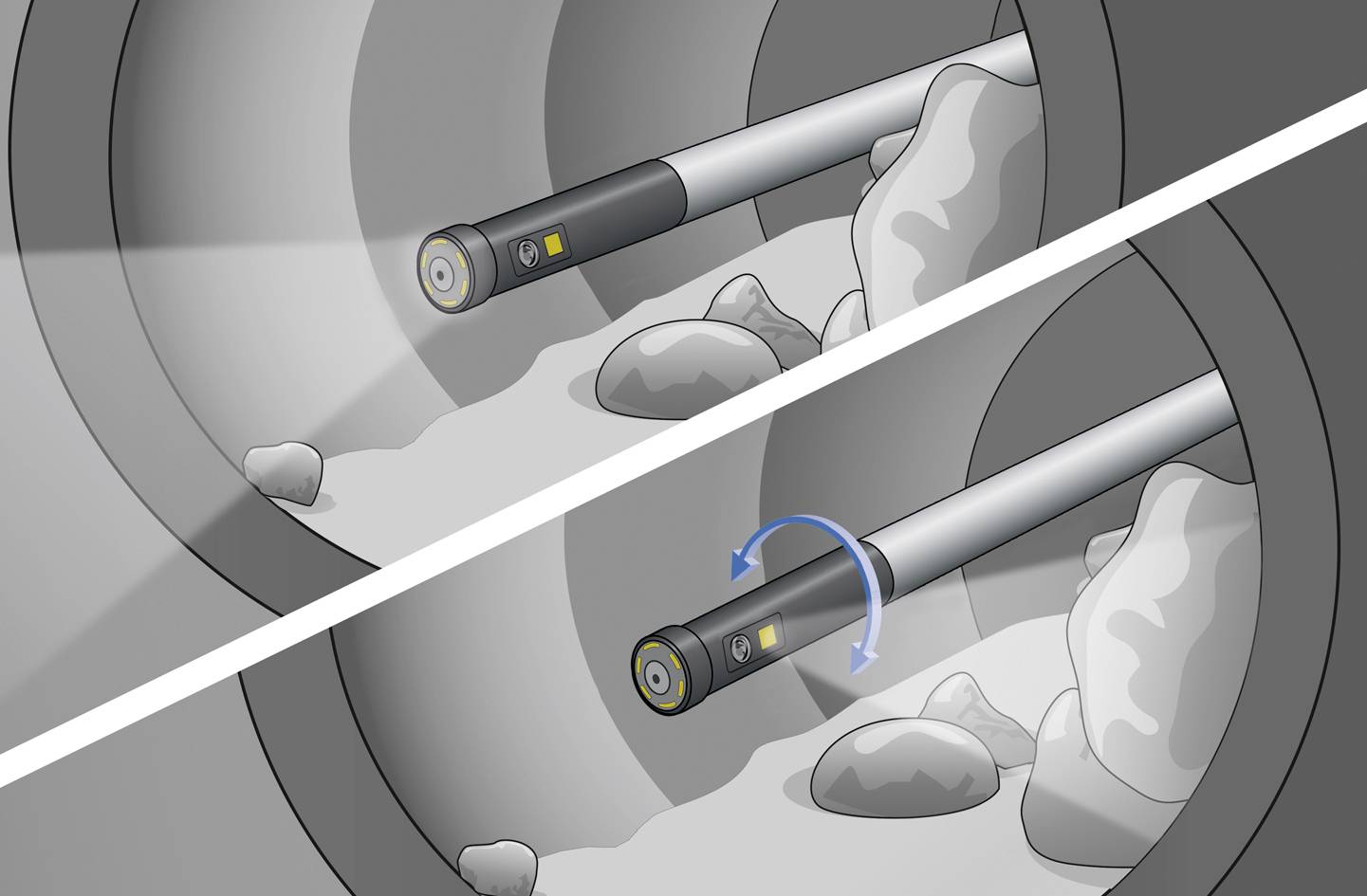 Teleskopowa sonda z kamerą i światłem bada wnętrze rury. Na górze widać oświetlenie, na dole funkcję obrotową do inspekcji.