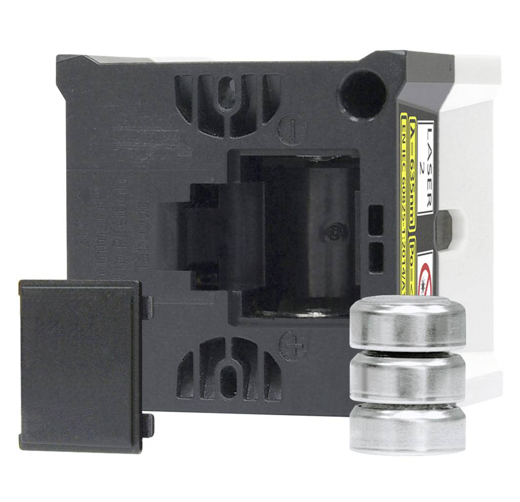 Czarno-kwadratowa obudowa z tworzywa sztucznego z grawerowanymi laserowo oznaczeniami oraz dwiema cylindrycznymi częściami metalowymi przed nią.