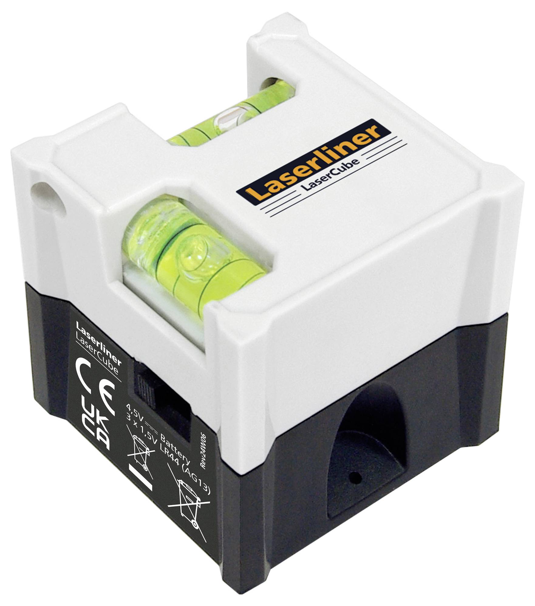 Kompaktowy laserowy miernik LaserCube z poziomicą i oznakowaniem CE, idealny do precyzyjnych pomiarów i ustawień.