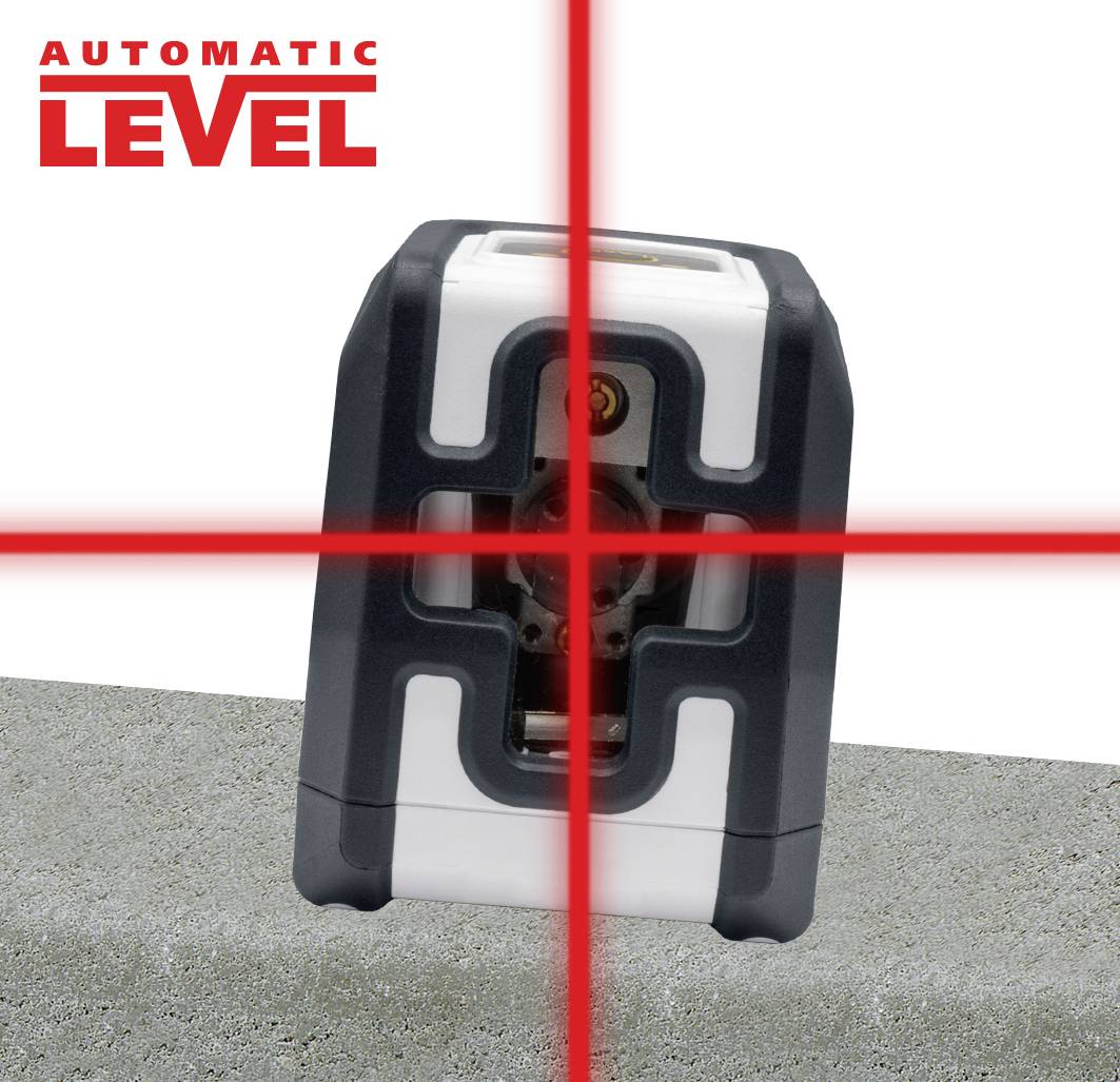 Biało-czarny laser niwelacyjny z czerwonymi liniami lasera, umieszczony na szarej powierzchni, z tekstem 'Automatic Level' w lewym górnym rogu.