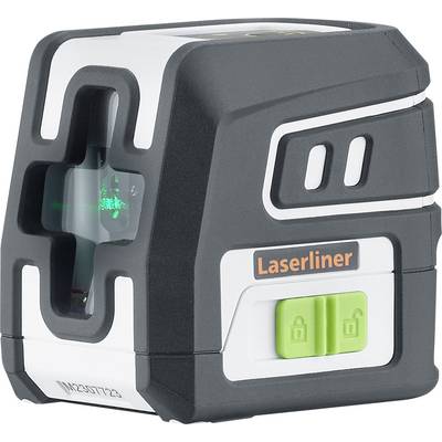 Urządzenie pomiarowe laserowe z zielonym laserem krzyżowym, czarną obudową i zielonym przyciskiem. Precyzyjnie wyznacza linie podczas prac budowlanych.