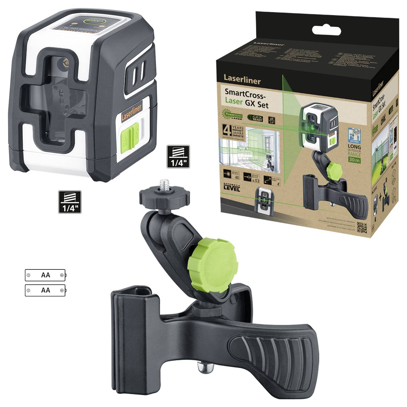 Laser poziomica 'Laserliner SmartCross-Laser GX Set' z białą obudową, uchwytem statywowym i opakowaniem prezentuje przykład zastosowania.