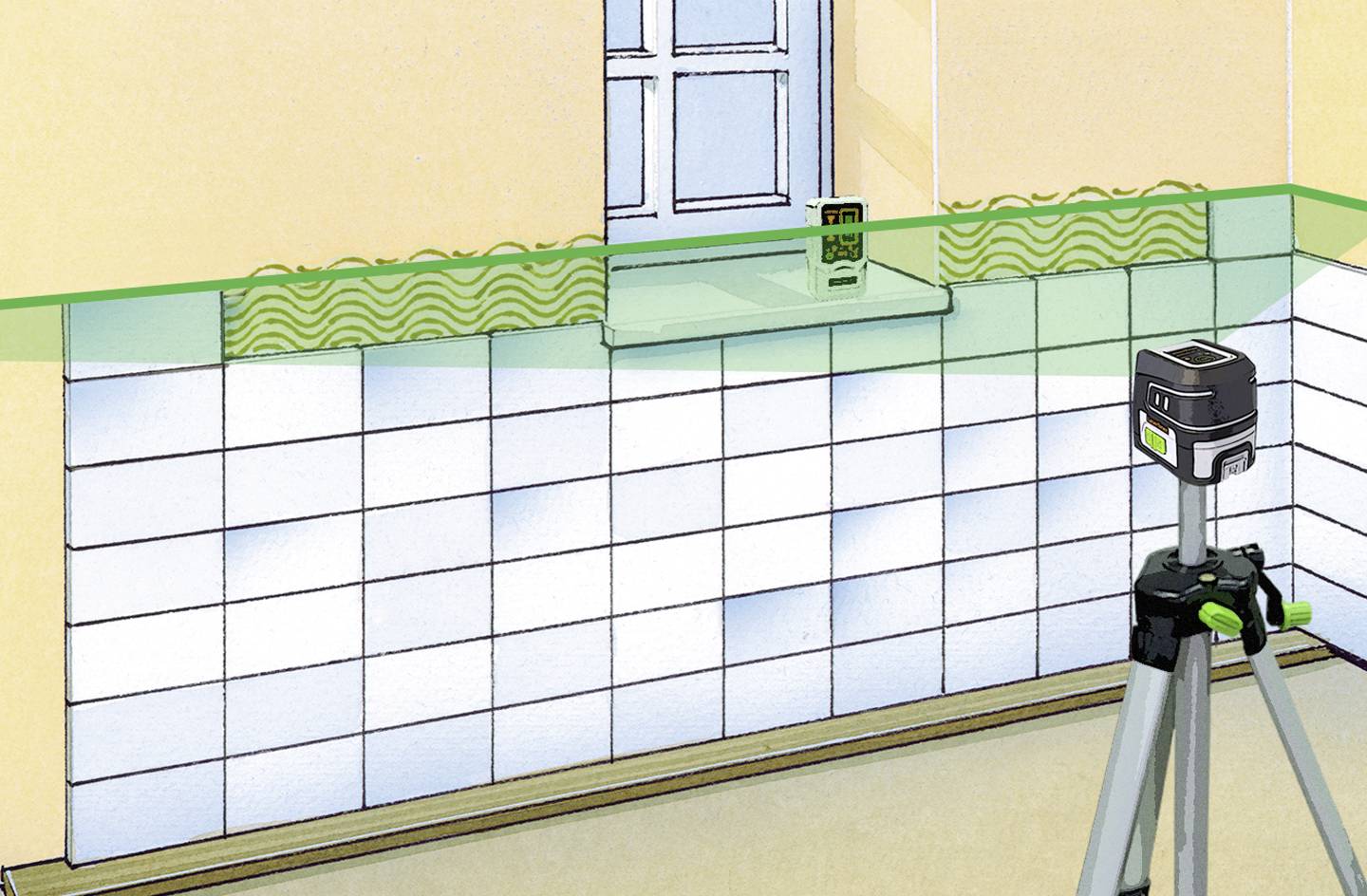 Pomieszczenie z oknem, ścianami wyłożonymi płytkami ceramicznymi i urządzeniem laserowym na statywie do precyzyjnego rozmieszczania płytek.