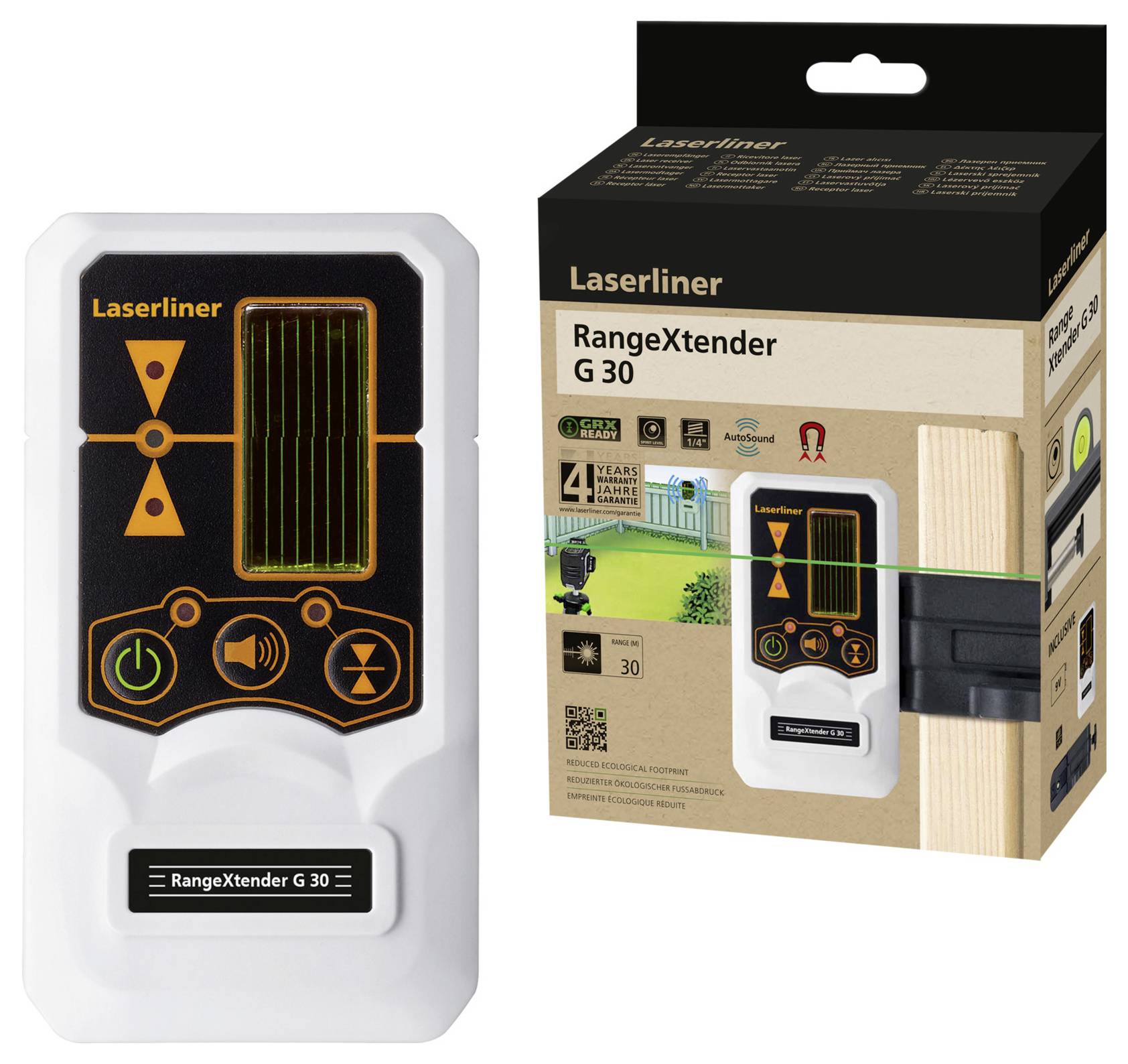 Miernik laserowy Laserliner RangeXtender G 30 z opakowaniem, wskazujący zasięg pomiarowy do 30 metrów, kompatybilny z zielonymi laserami.