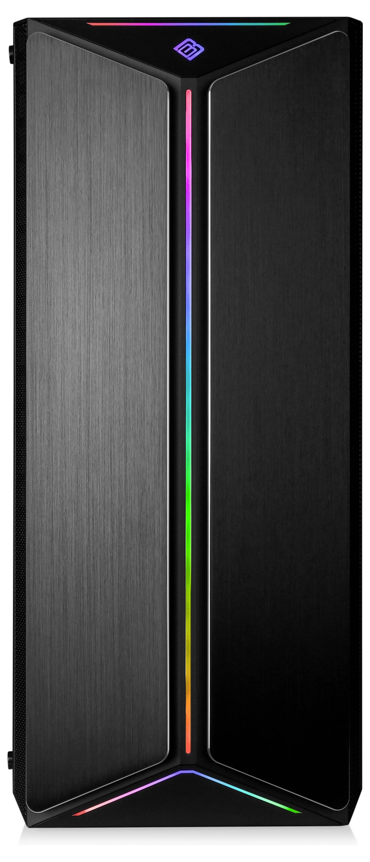 Czarna obudowa komputera z pionowym paskiem podświetlenia RGB pośrodku, nowoczesna w projekcie, z metalowymi akcentami i logo na górze.