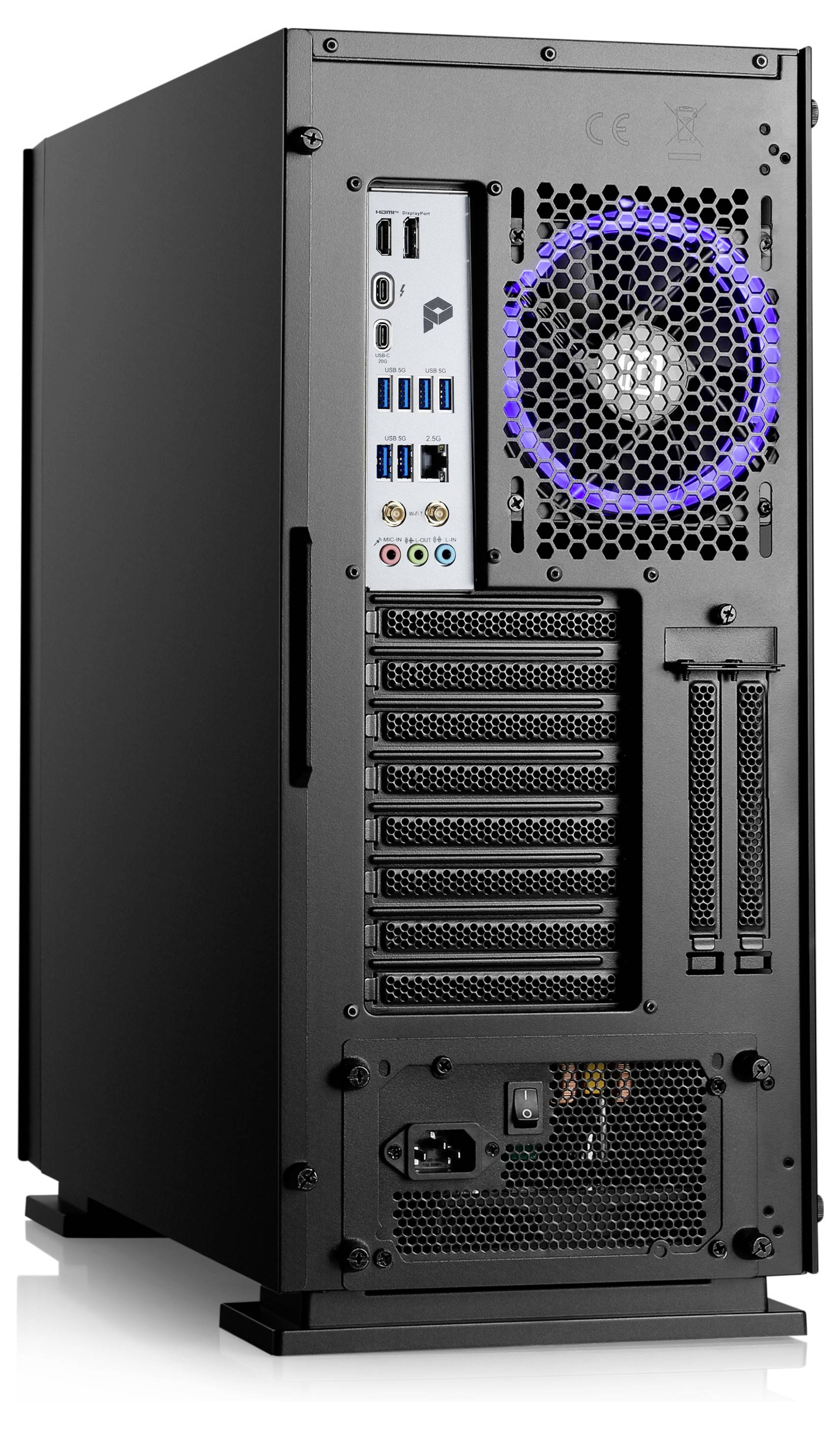 Komputer stacjonarny jest widoczny od tyłu, prezentując kilka złączy USB, gniazd audio, niebieski wentylator oraz złącze sieciowe.