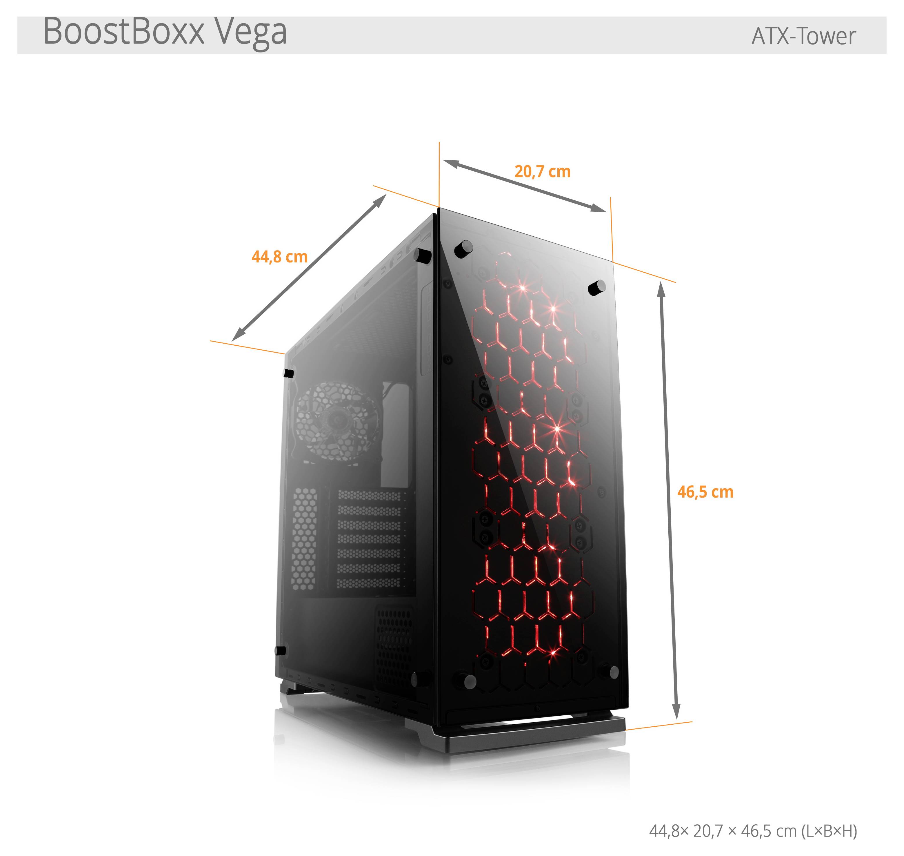 Czarna obudowa ATX z czerwonymi efektami świetlnymi z przodu, wymiary: 44,8 cm długości, 20,7 cm szerokości, 46,5 cm wysokości.