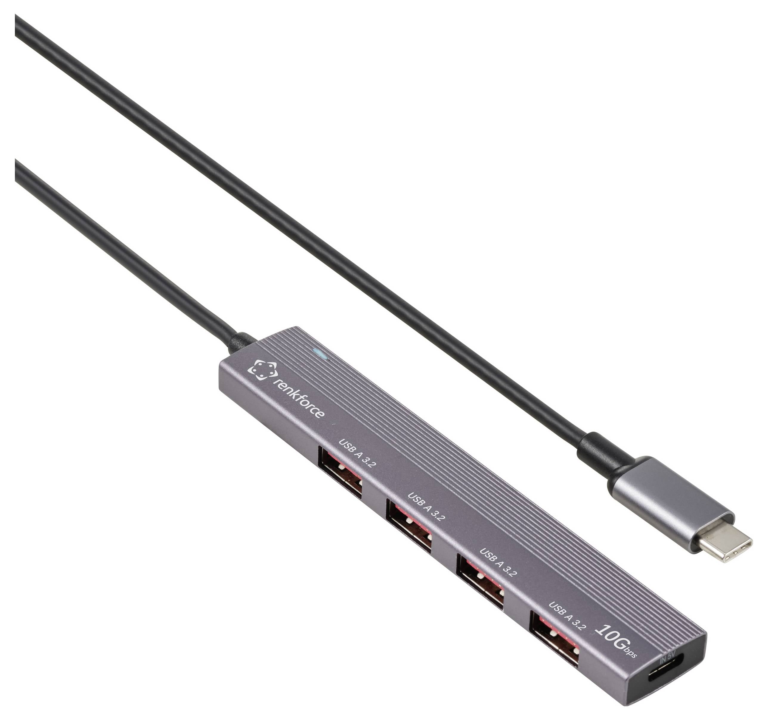 Renkforce RF-6700798 USB-Hub 4 порти USB-A USB 3.2 Gen2 10 Гбіт/с із роз’ємом USB-C, алюмінієвий корпус, порт зарядки USB-C® PD сі