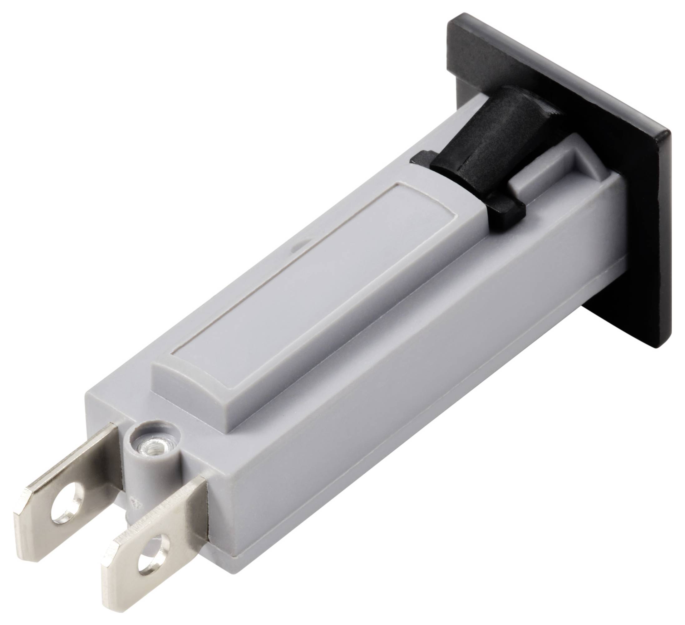 Szary, prostokątny przełącznik elektryczny z dwoma stykami metalowymi i czarnym przełącznikiem kołyskowym. Odpowiedni do urządzeń elektronicznych.