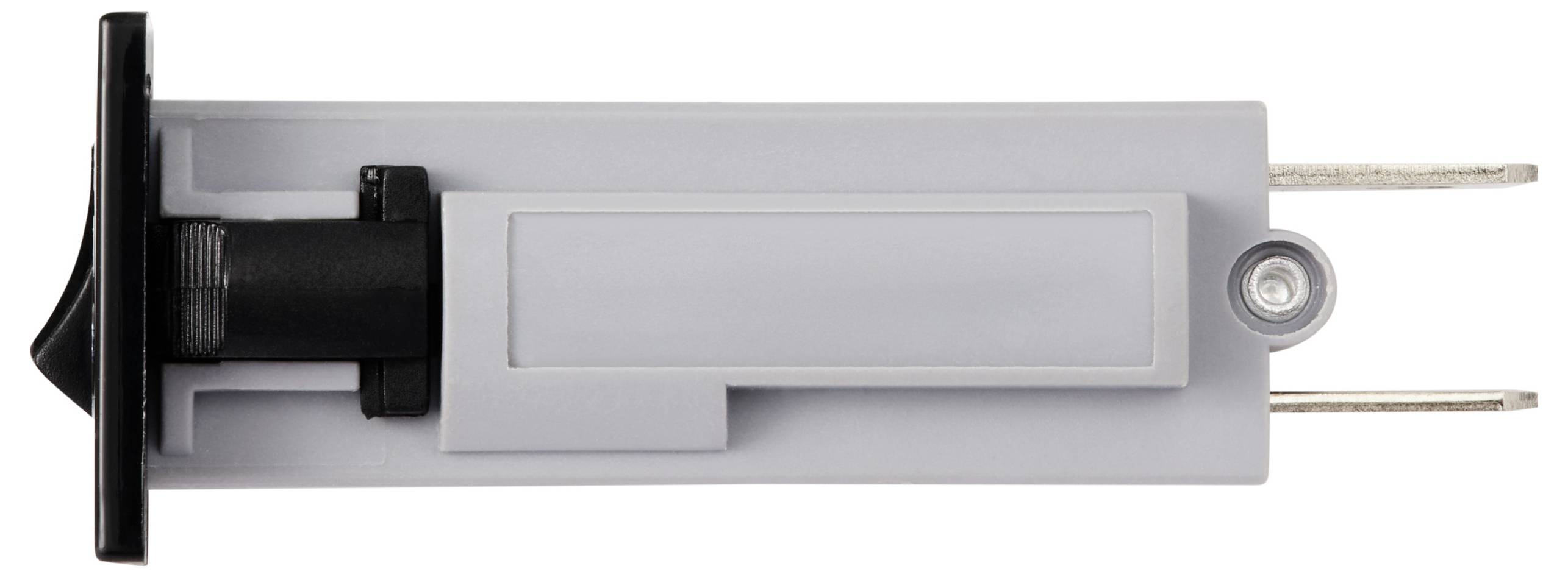 Szary automat zabezpieczający z czarną dźwignią, widok z góry; po prawej stronie widoczne dwa metalowe styki wtykowe.