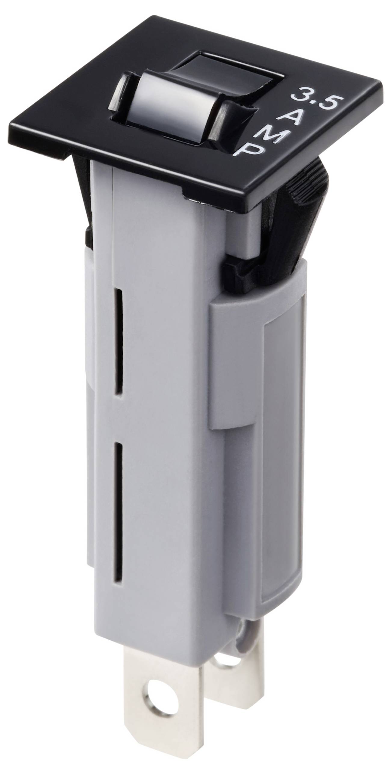 Wyłącznik nadprądowy, 3,5 ampera, z czarną dźwignią, obudowa w kolorze szarym, dwa metalowe zaciski na dole.