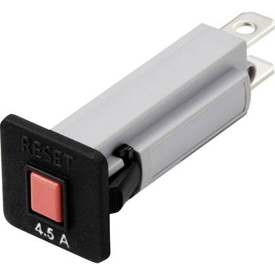 Szary przełącznik elektryczny z czerwonym przyciskiem z napisem 'RESET 4.5 A', używany do sterowania prądem.