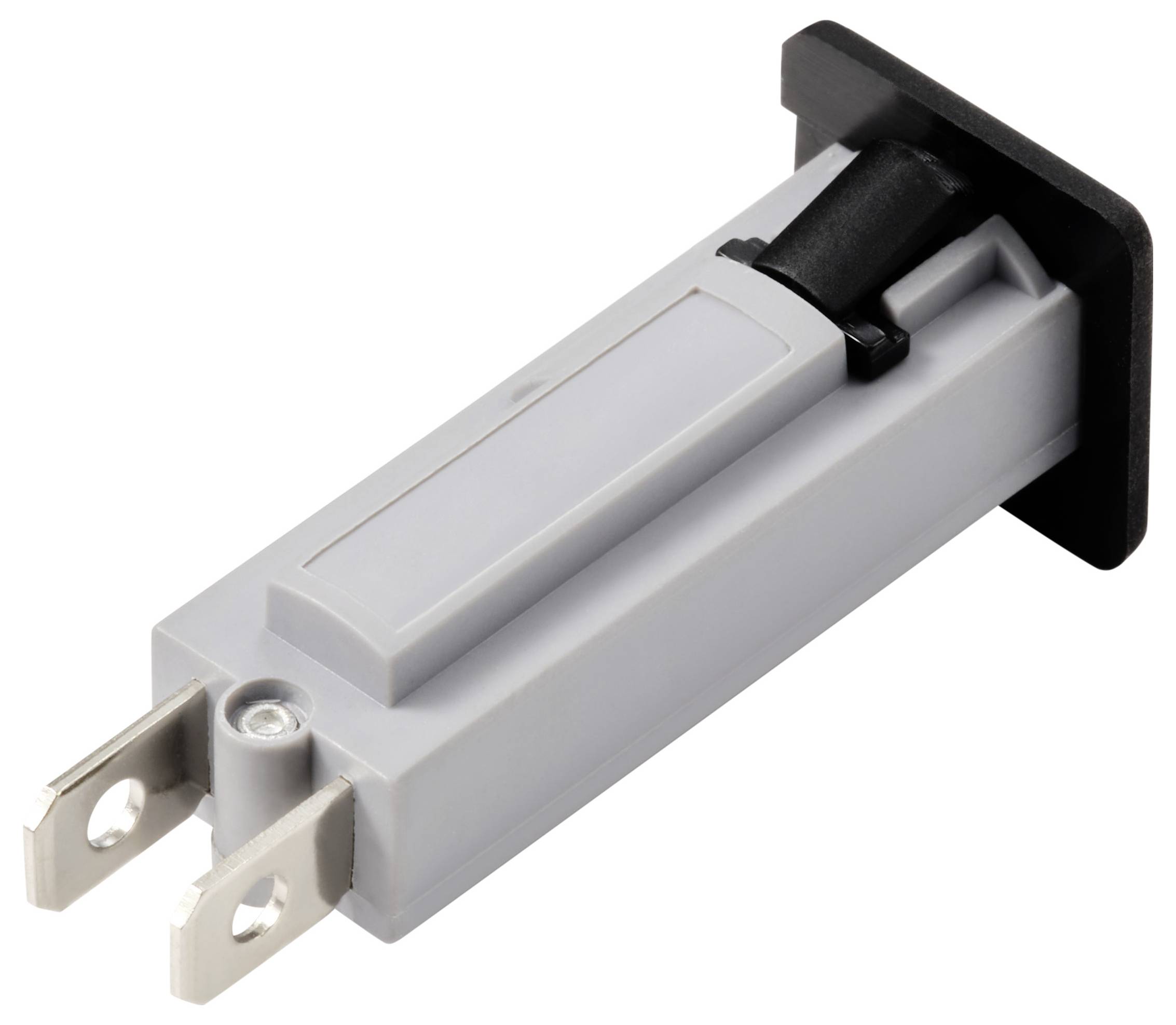 Szary wtyk plastikowy z dwoma metalowymi stykami i czarną rękojeścią.