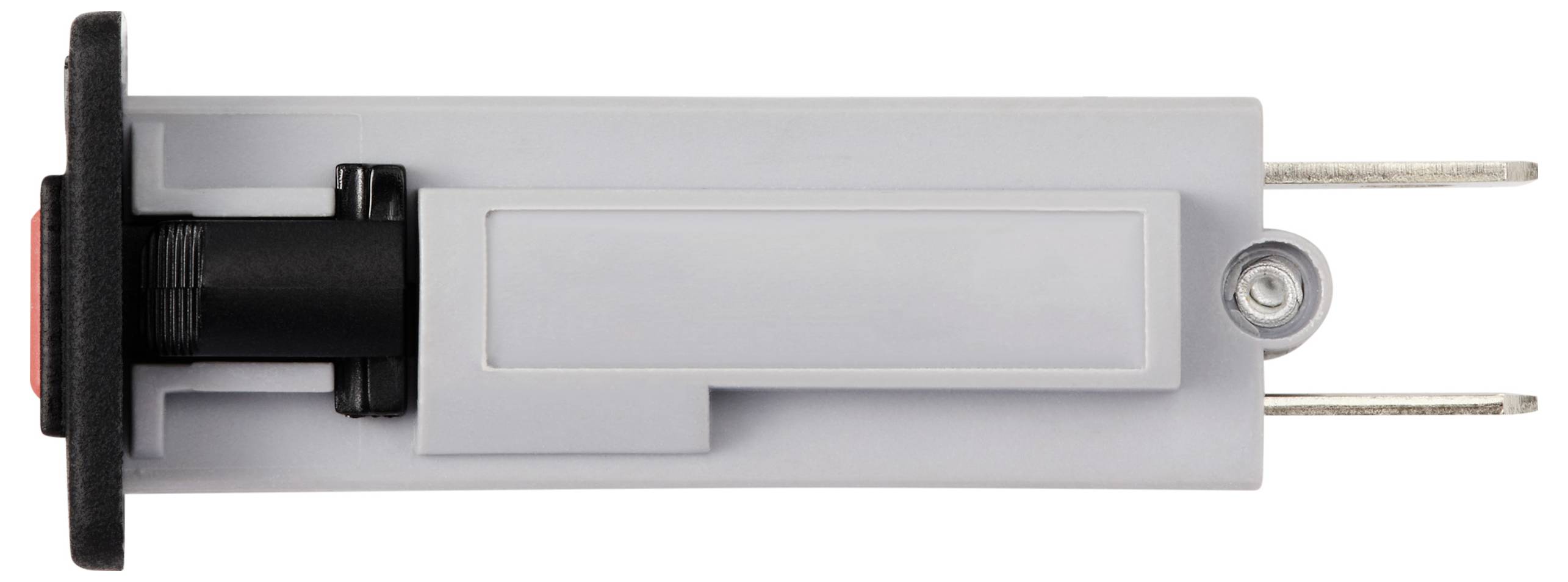 Szary elektryczny złącz wtykowy z prostokątną obudową, dwoma metalowymi stykami oraz czarną częścią z tworzywa sztucznego po stronie.