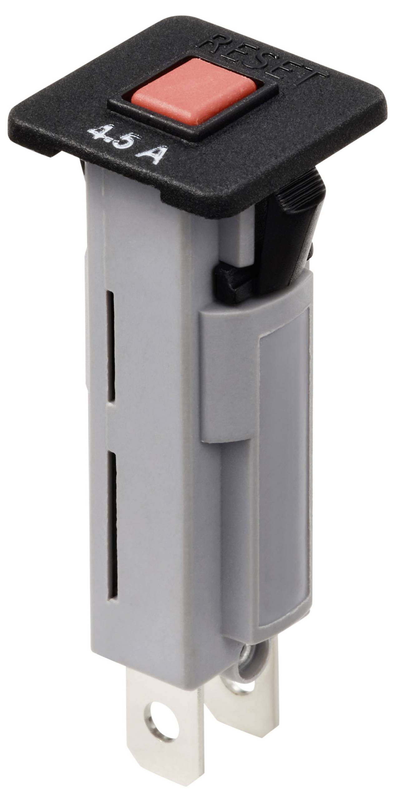 Prostokątny czarny przełącznik z czerwonym przyciskiem z napisem '4.5 A', zamontowany na szarym plastikowym cokole z dwoma metalowymi złączami.