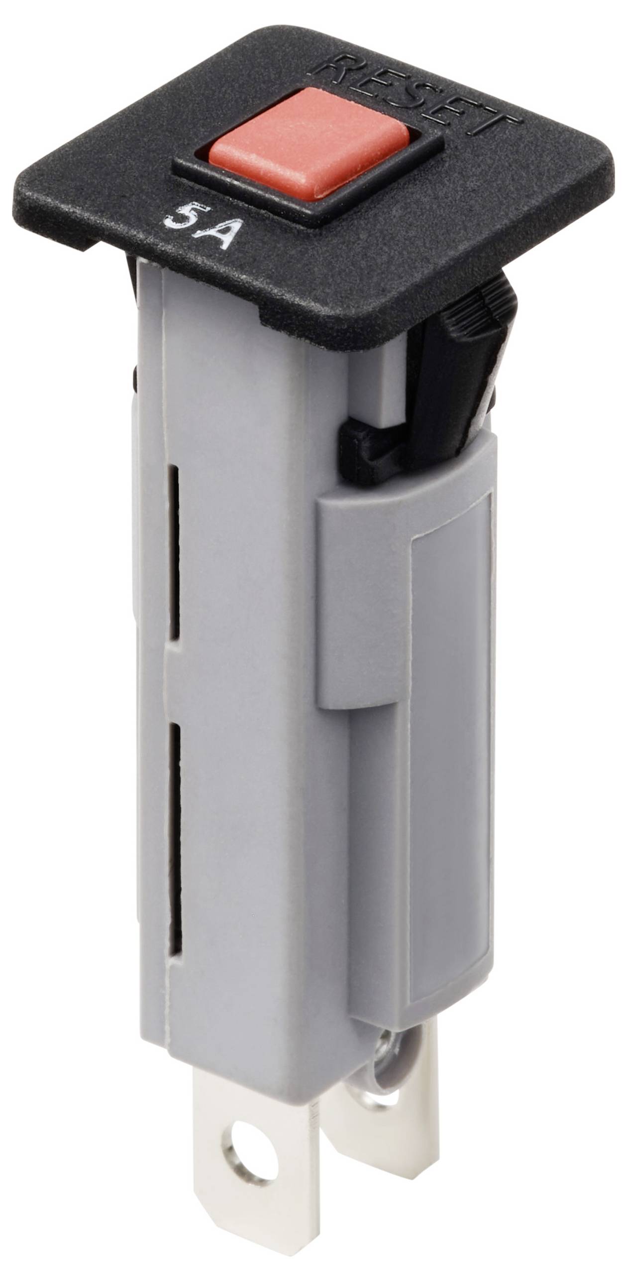 Szary, prostokątny uchwyt bezpiecznika 5 amperów z czerwonym przyciskiem na górze.