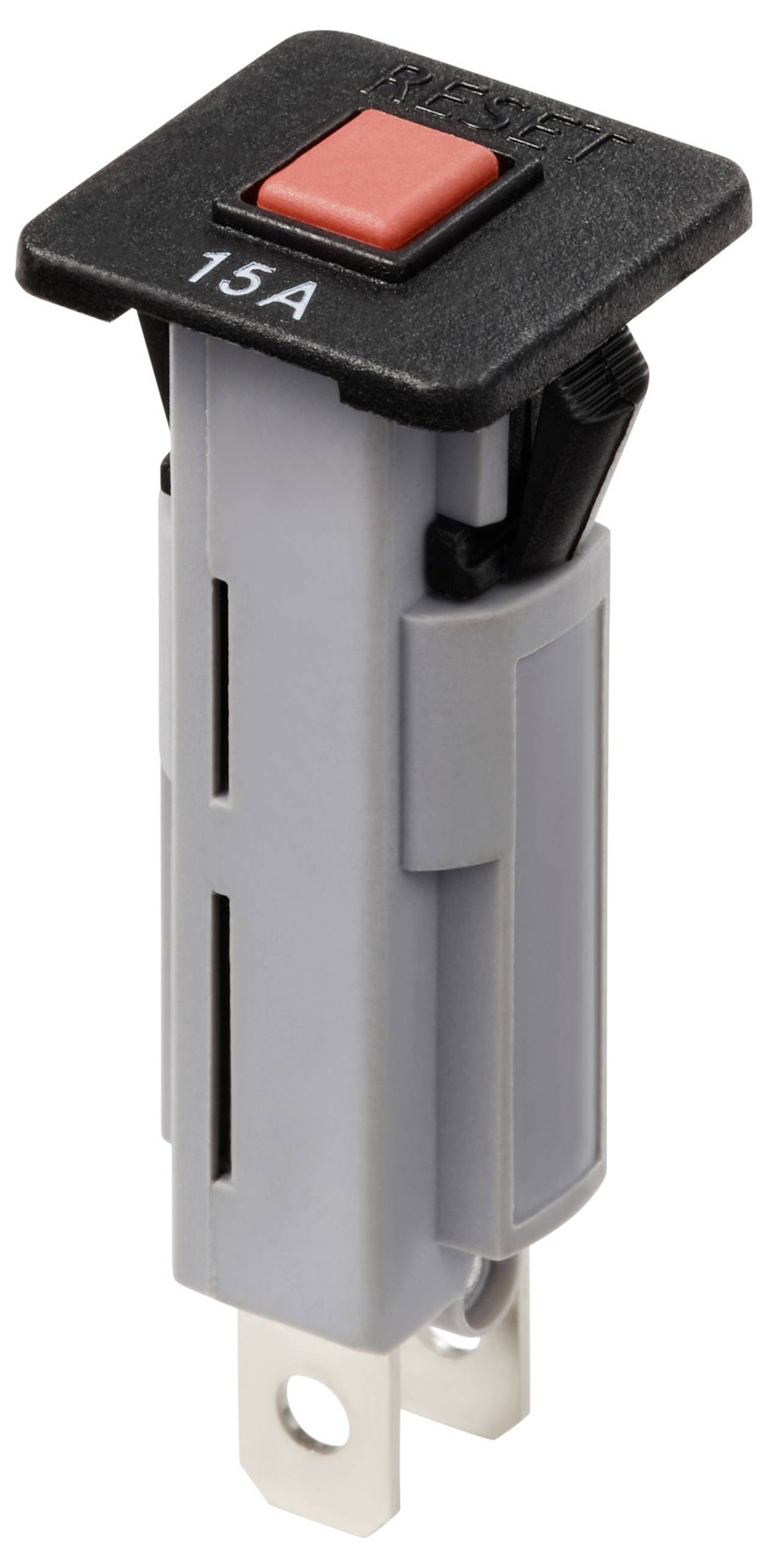 Szary automat zabezpieczający z czerwonym przełącznikiem, oznaczony '15A', przeznaczony do systemów elektrycznej ochrony.