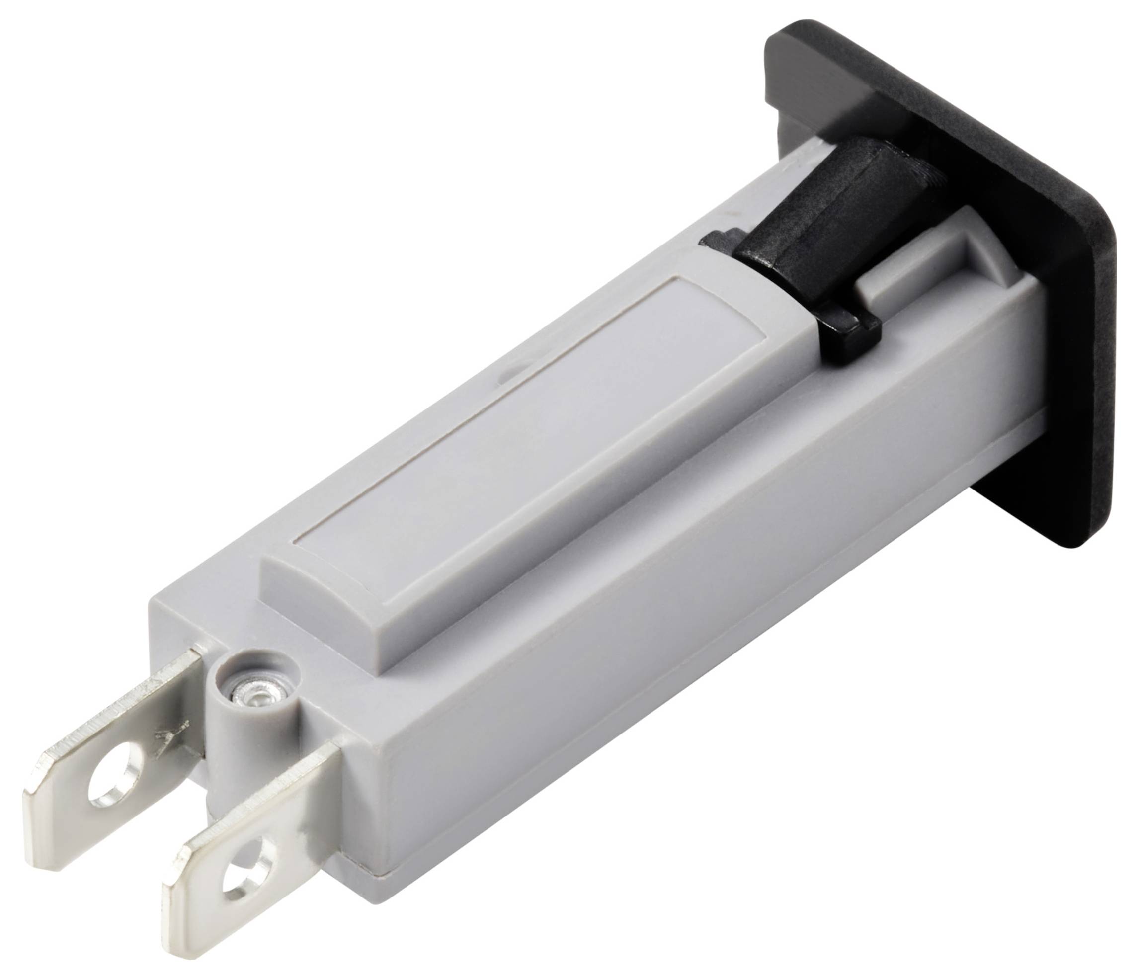 Szary i czarny elektryczny adapter wtykowy z dwoma metalowymi stykami, typowo używany do podłączania urządzeń.